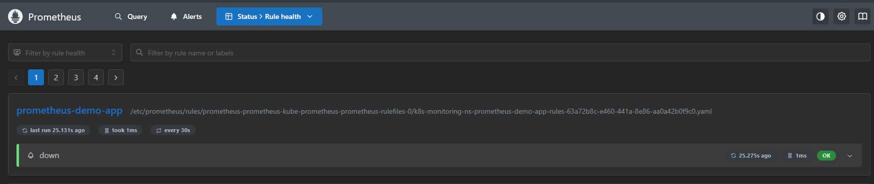 Prometheus Web UI showing /rules section