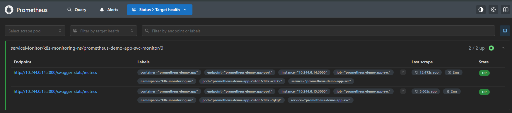 Prometheus Web UI showing Service Monitor in UP state